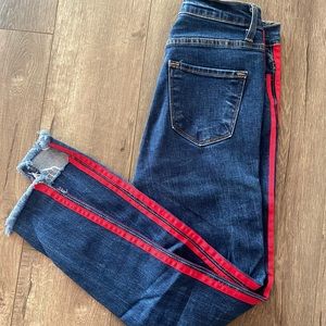 mid rise skinny jeans with red stripes